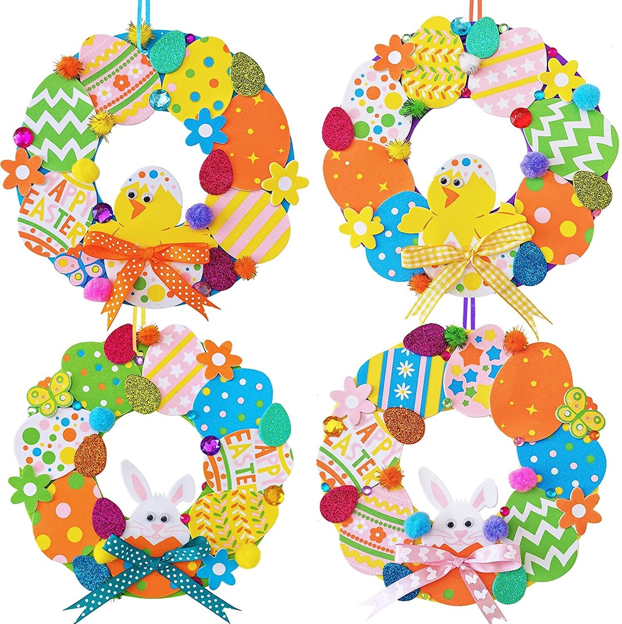 12 Sets Easter Wreath Signs Decorations DIY Foam Easter Craft Kits Easter Eggs Bunny Chick Foam Stickers Pom-Poms Googly Eyes for Kids Classroom Home Activity Art Project Gift Easter Front Door Décor
